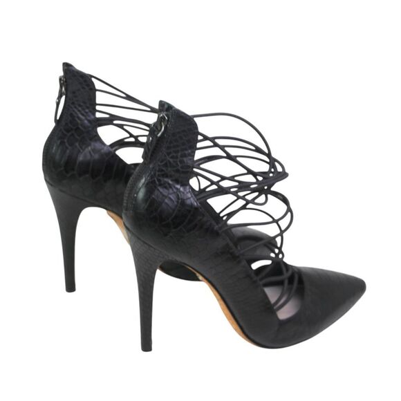 Alice + Olivia BLACK REAL LEATHER HIGH HEEL POINTED STRAPPY ZIP PUMP SHOES Sz 39 - Picture 5 of 11